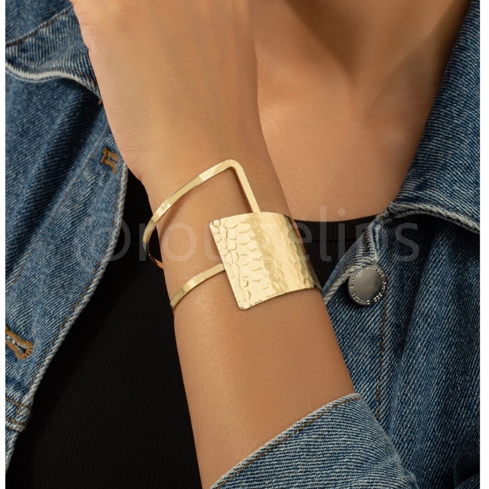 Wide Cuff Bracelet Gold Tone Textured Bangle Large Iron Alloy